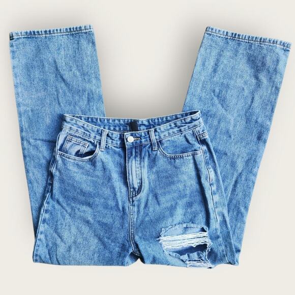 Cider Jeans Women's Sz M 28x28 Blue Denim Loose Straight Holy Distressed Hi-Rise - Picture 2 of 4